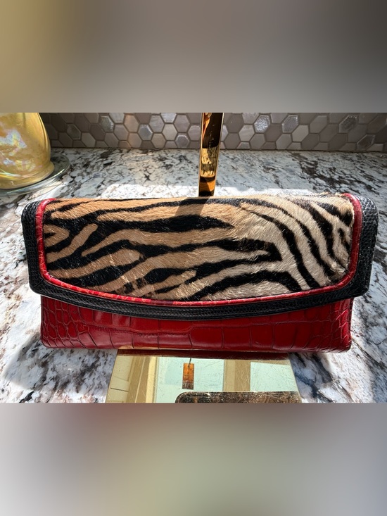 Brahmin Handbags - Red Croc-Embossed Clutch with Tiger Print Flap